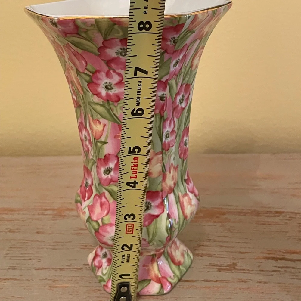 Vintage BAUM BROS Pink And Green Poppy Tulip Chintz Vase Gold Edge Hexagon 10”
